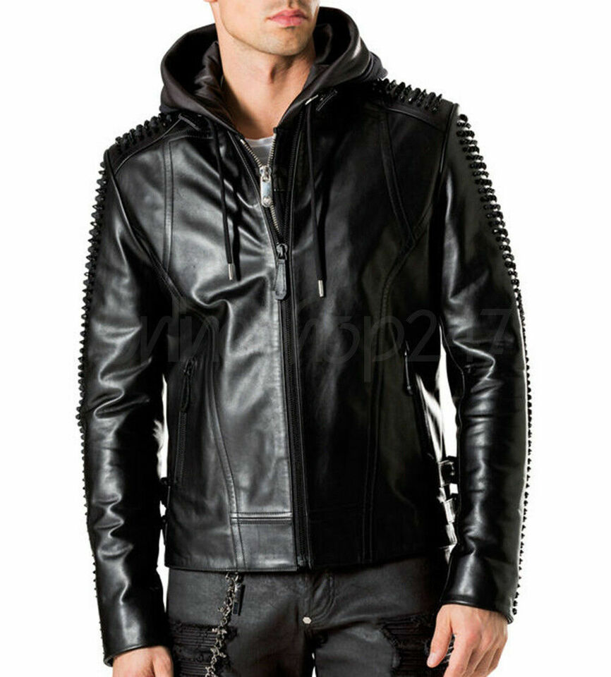 New Men's Black Studded Lion Printed Back Leather Jacket with Hood