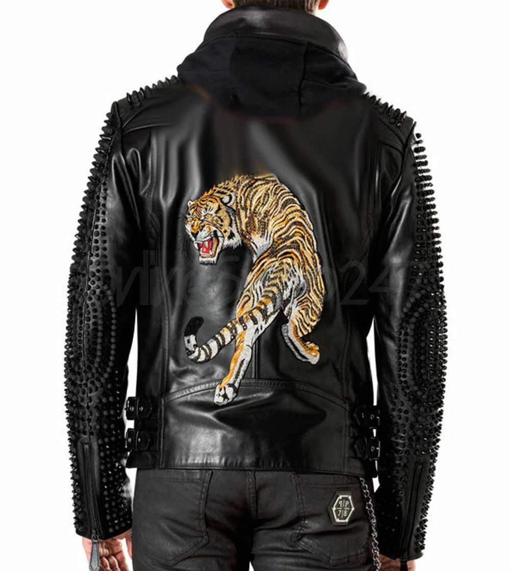 New Men's Black Studded Lion Printed Back Leather Jacket with Hood