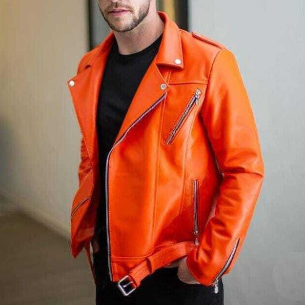 New Men's Orange Pure Lambskin Biker Moto Racer Leather Jacket
