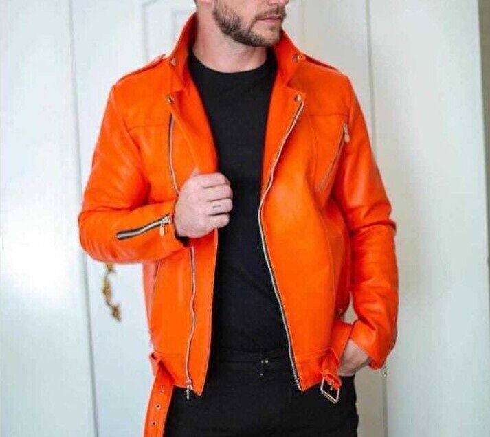 New Men's Orange Pure Lambskin Biker Moto Racer Leather Jacket
