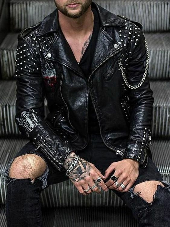 New Men's Studded Biker Classic Brando Leather Jacket