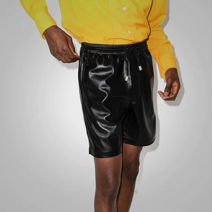 New Men's Black Lambskin Leather Shorts