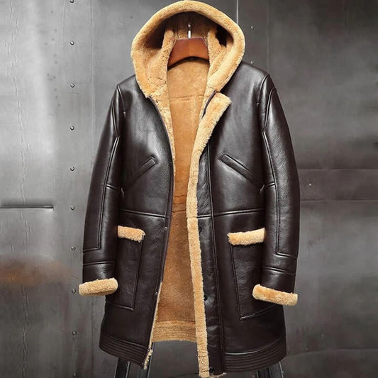 New Mens Shearling Coat Sheepskin Coat Hooded Leather Jacket Fur Coat Mens Winter Coats Long Fur Jacket