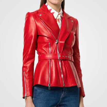 New Red Women Leather Motorcycle Jacket
