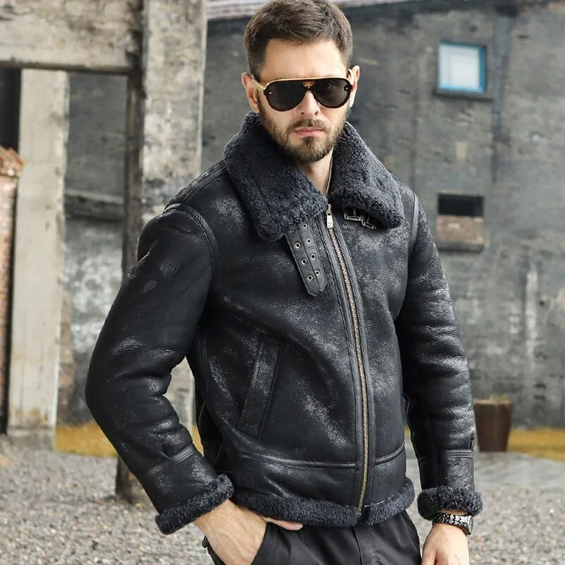 Men's Black Shearling B3 Bomber Jacket - Short Fur Winter Wool Coat