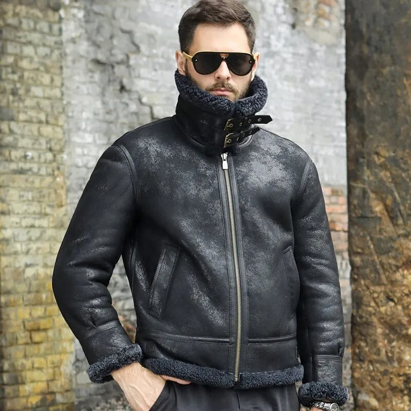 Men's Black Shearling B3 Bomber Jacket - Short Fur Winter Wool Coat