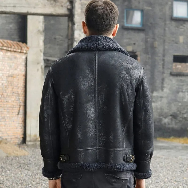 Men's Black Shearling B3 Bomber Jacket - Short Fur Winter Wool Coat