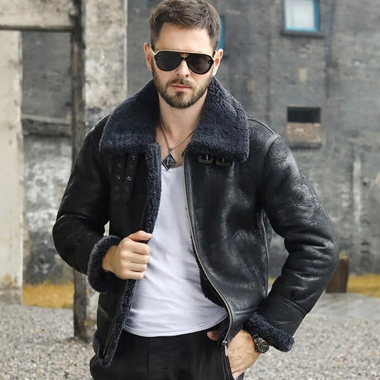 Men's Black Shearling B3 Bomber Jacket - Short Fur Winter Wool Coat