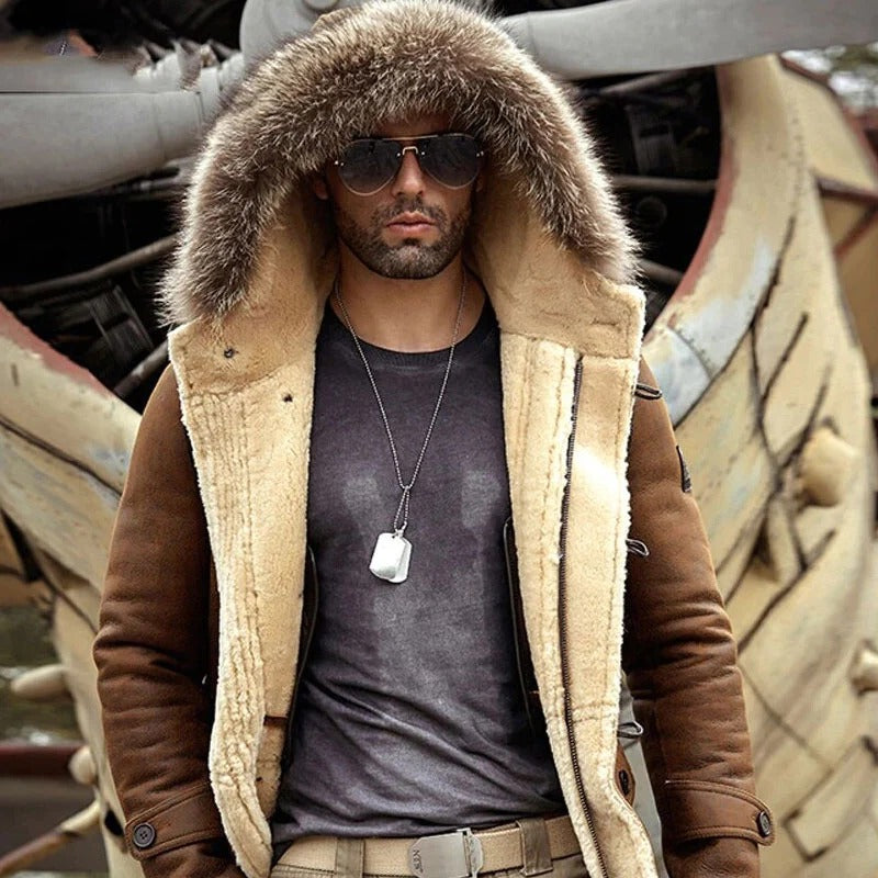 New Winter Coats Men's Shearling Long Fur Jacket with Mink Fur Collar