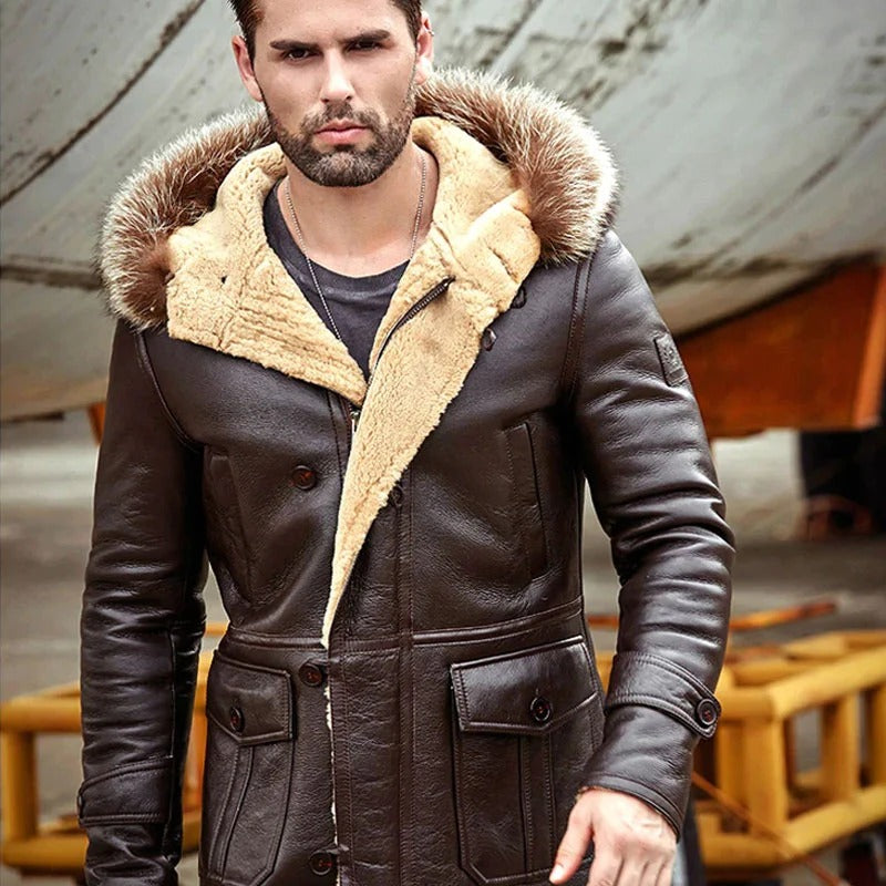 New Winter Style Brown Shearling Coat for Men with Fur Collar