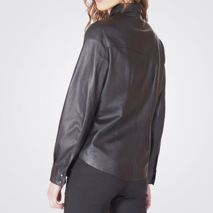 New Women Black Lambskin Leather Shirt