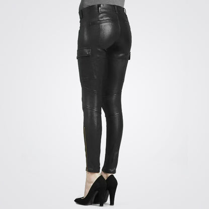 New Women Black Skinny Lambskin Leather Cargo Pant