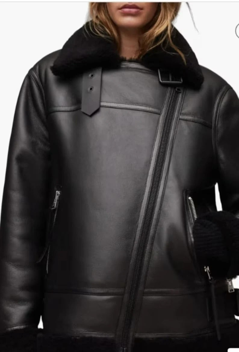 New Women's Black B3 Shearling Sheepskin Bomber Jacket