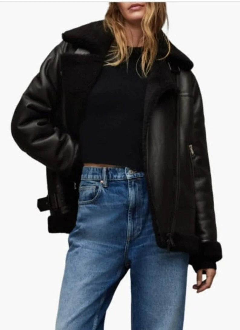 New Women's Black B3 Shearling Sheepskin Bomber Jacket