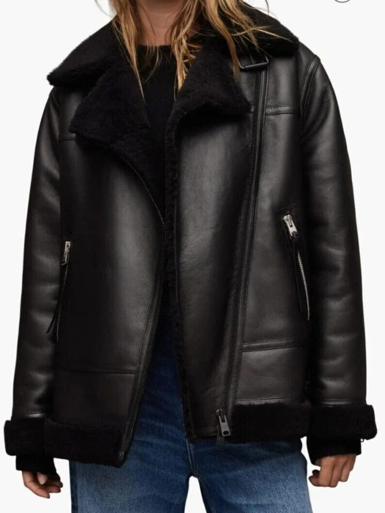 New Women's Black B3 Shearling Sheepskin Bomber Jacket