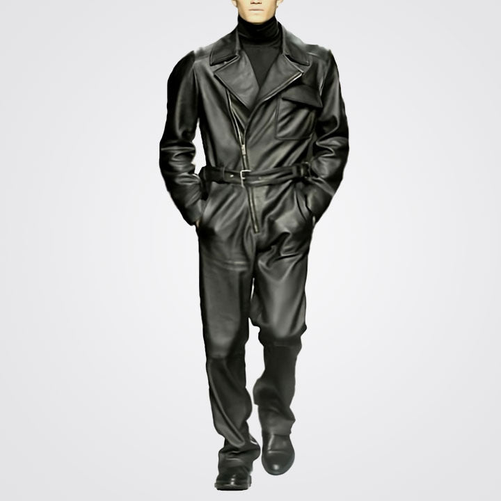 Men's Notch Collar Black Leather Rider Jumpsuit