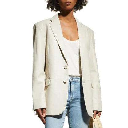 Two Button Women Leather Blazer in Off White