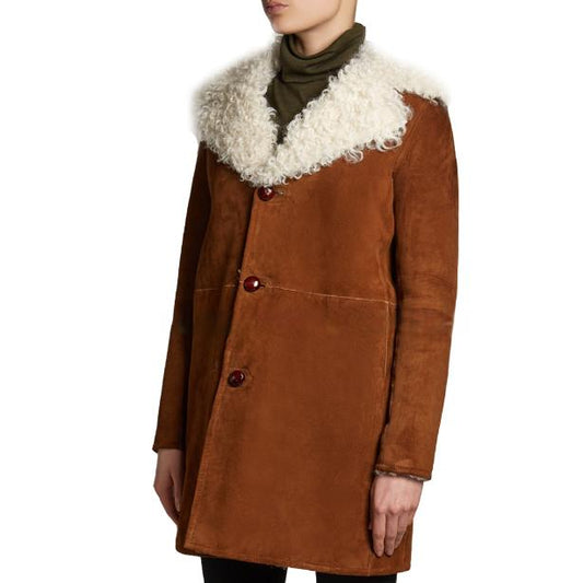 Oversized Notch-Lapel Suede Leather Coat with Fur Collar