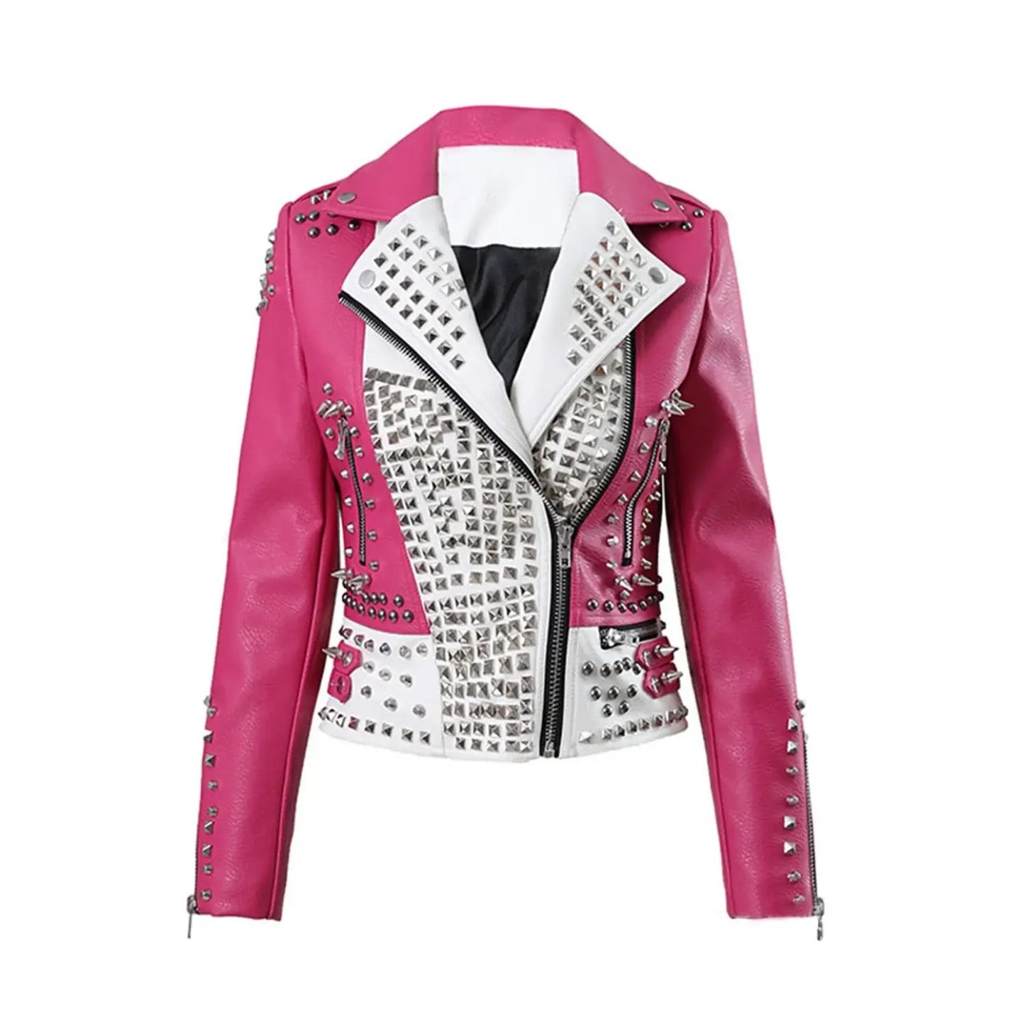 Pink White Leopard Studded Biker Leather Jacket