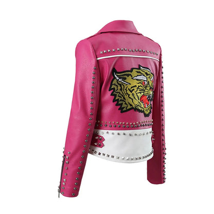 Pink White Leopard Studded Biker Leather Jacket