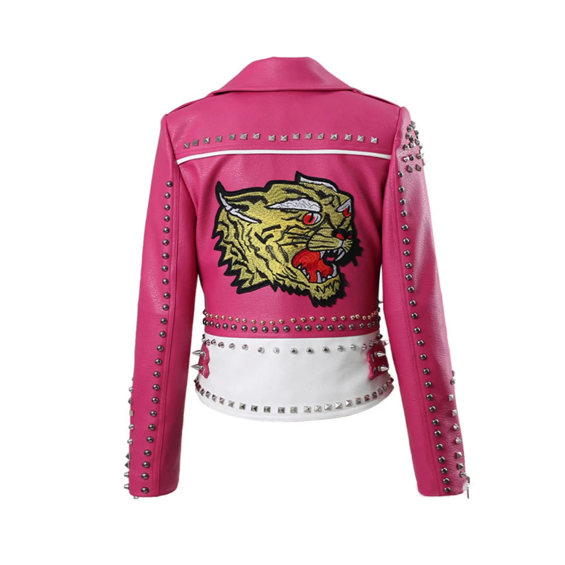 Pink White Leopard Studded Biker Leather Jacket