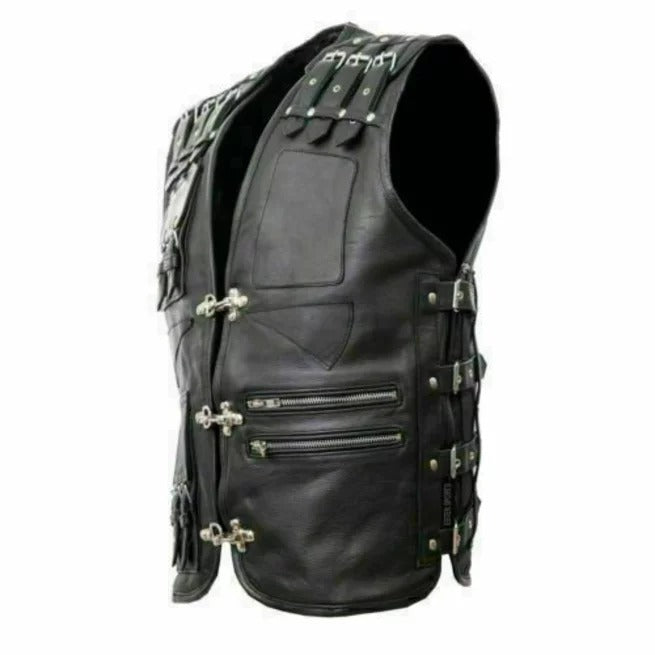 Punk Men's Genuine Leather Heavy Buckled Motorcycle Biker Vest