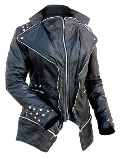 Punk Women Style Studded Shoulder Spikes Studs Genuine Leather Jacket