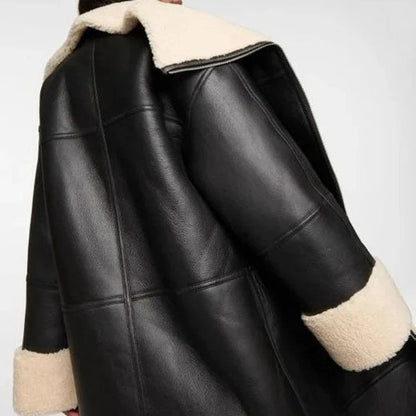 Women's Real Sheepskin Aviator Black Leather Trench Coat