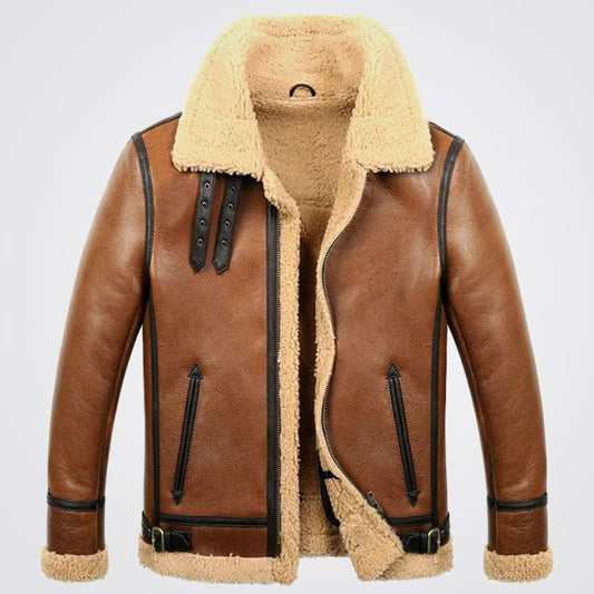 Men Brown B3 RAF Aviator Flight Bomber Shearling Leather Jacket