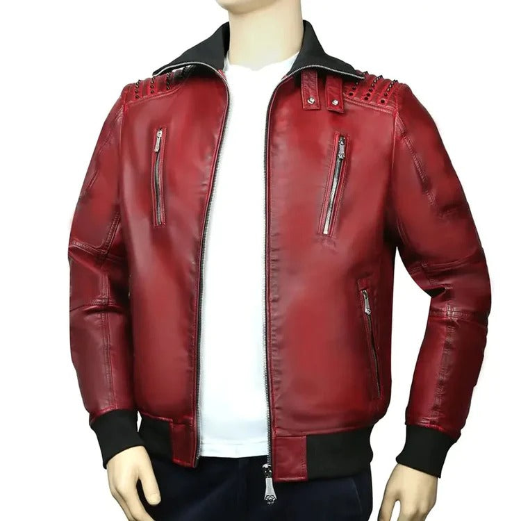 Red Gothic Leather Bomber Jacket with Turtle Ribbed Collar