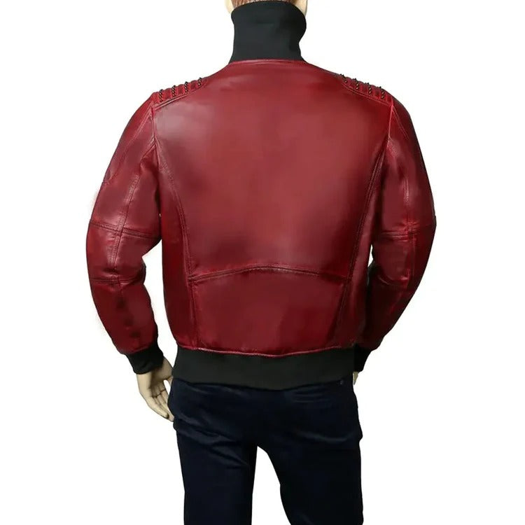 Red Gothic Leather Bomber Jacket with Turtle Ribbed Collar