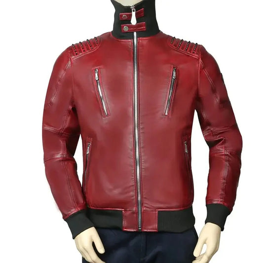 Red Gothic Leather Bomber Jacket with Turtle Ribbed Collar