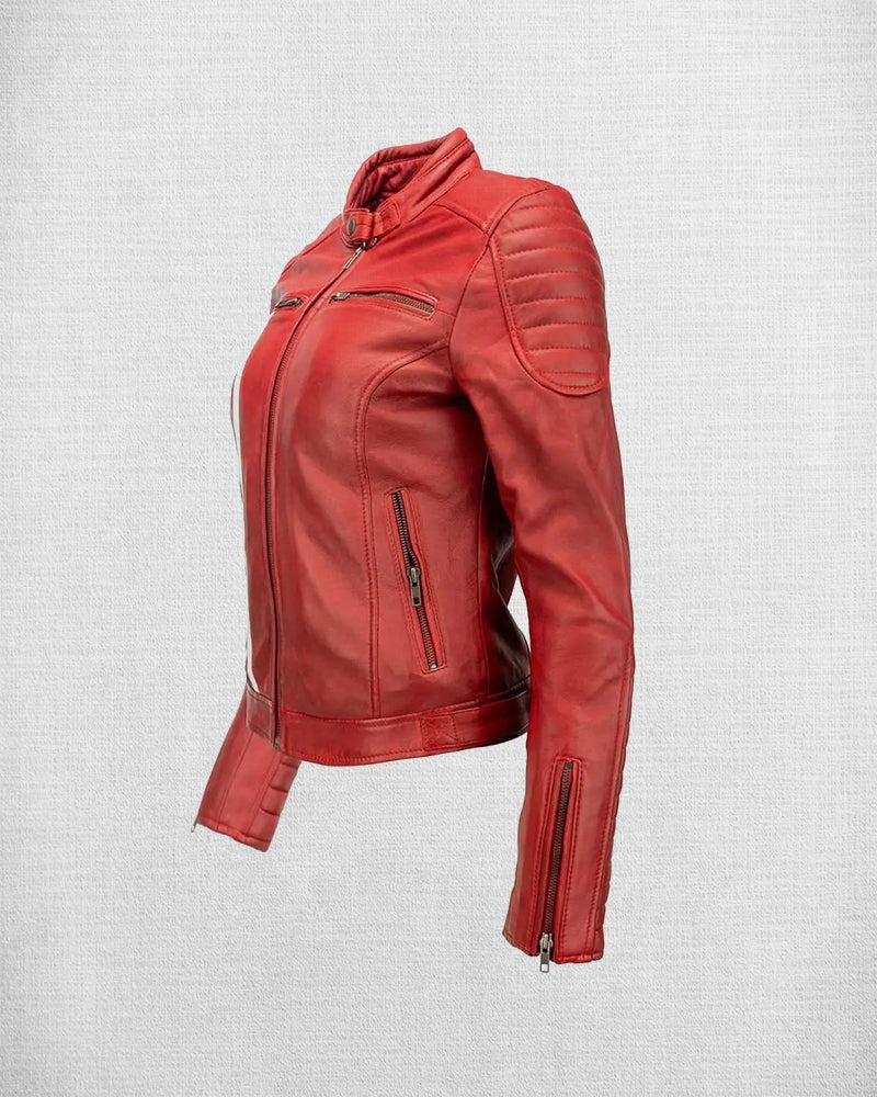 Women's Red Leather Biker Jacket with White and Blue Stripes