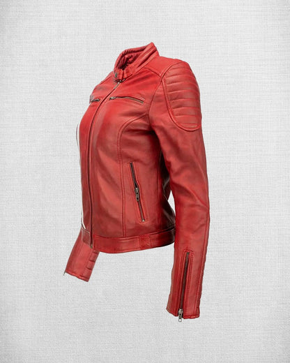 Women's Red Leather Biker Jacket with White and Blue Stripes