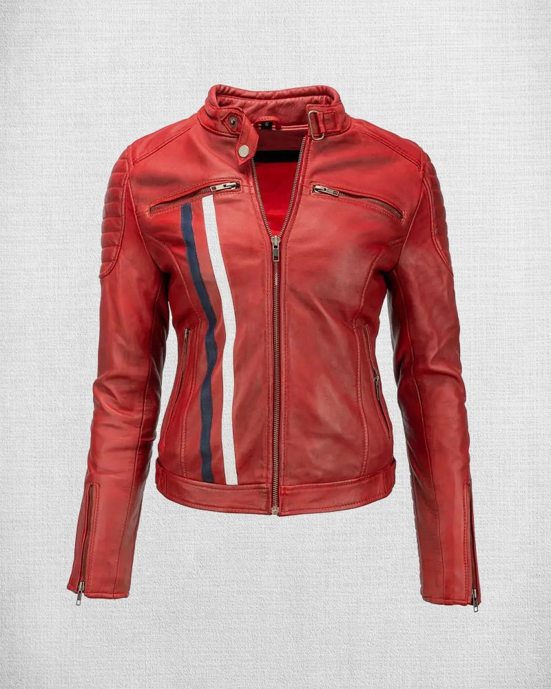 Women's Red Leather Biker Jacket with White and Blue Stripes