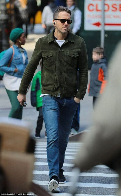 Ryan Reynolds Inspired Green Pure Suede Leather Trucker Jacket