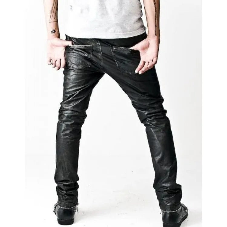 Skinny Black Leather Pants with Asymmetrical Front Zip