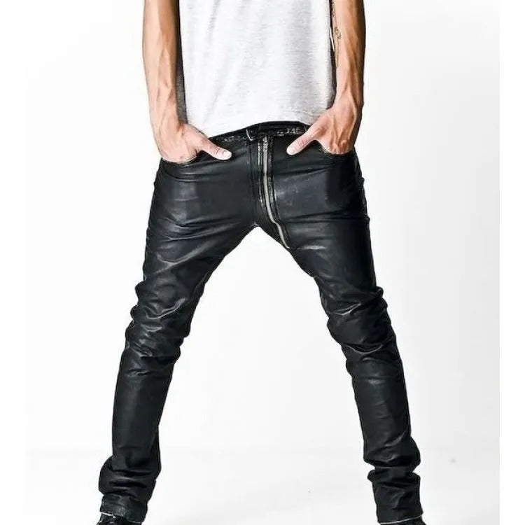 Skinny Black Leather Pants with Asymmetrical Front Zip