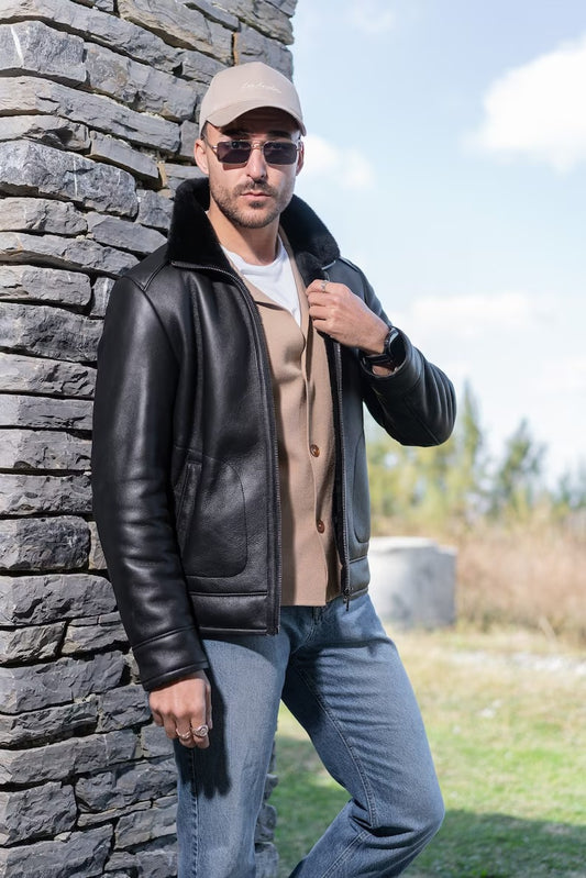 Stylish Black Lambskin Men's Shearling Bomber Jacket