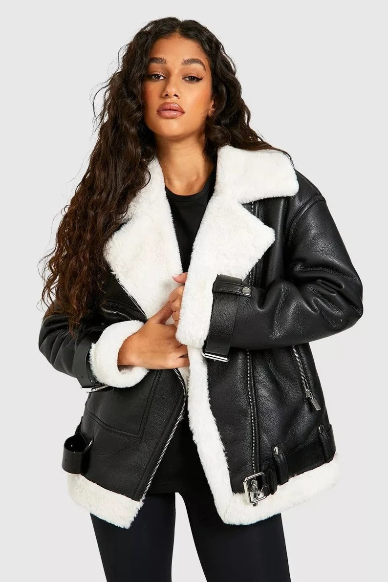 Stylish Black Sheep Leather Shearling Long Jacket for Women