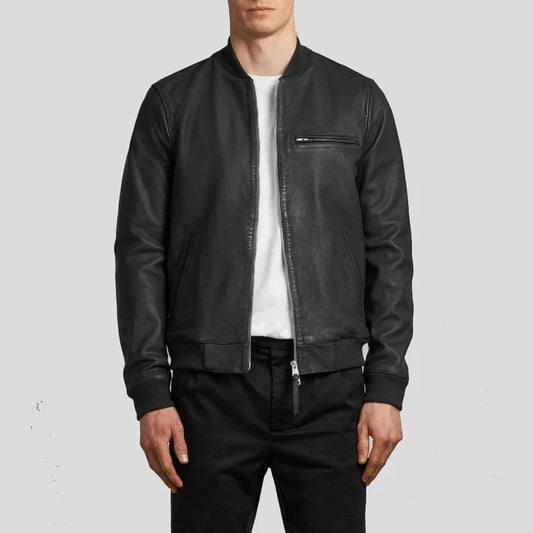 Stylish Men's Black Bomber Leather Jacket - Wilt