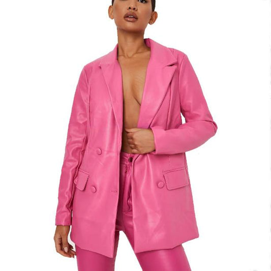 Women Hot Leather Blazer in Pink