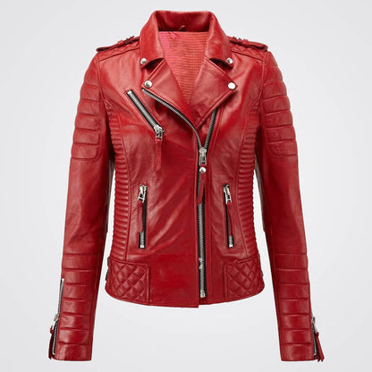 Stylish Women Red Motorcycle Biker Genuine Lambskin Leather Jacket