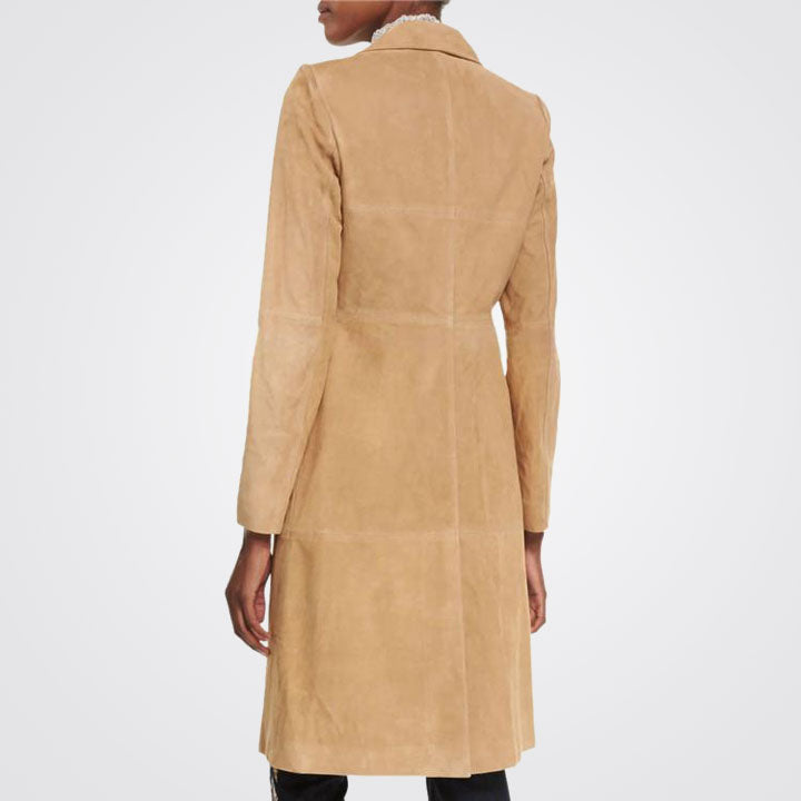 Women's Beige Mid-Length Suede Leather Coat