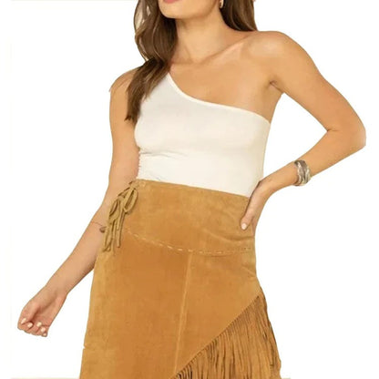Trendy Asymmetrical Women Fringe Leather Skirt