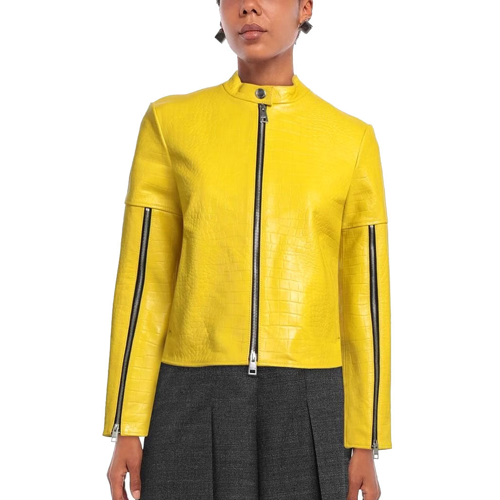 Trendy Croc Embossed Yellow Women's Leather Jacket