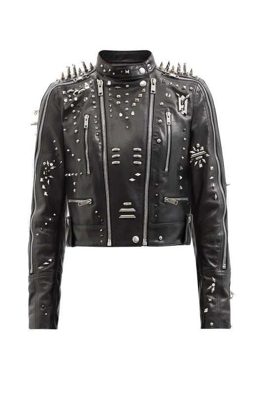 Edgy Elegance: Women's Silver Spiked Black Biker Jacket