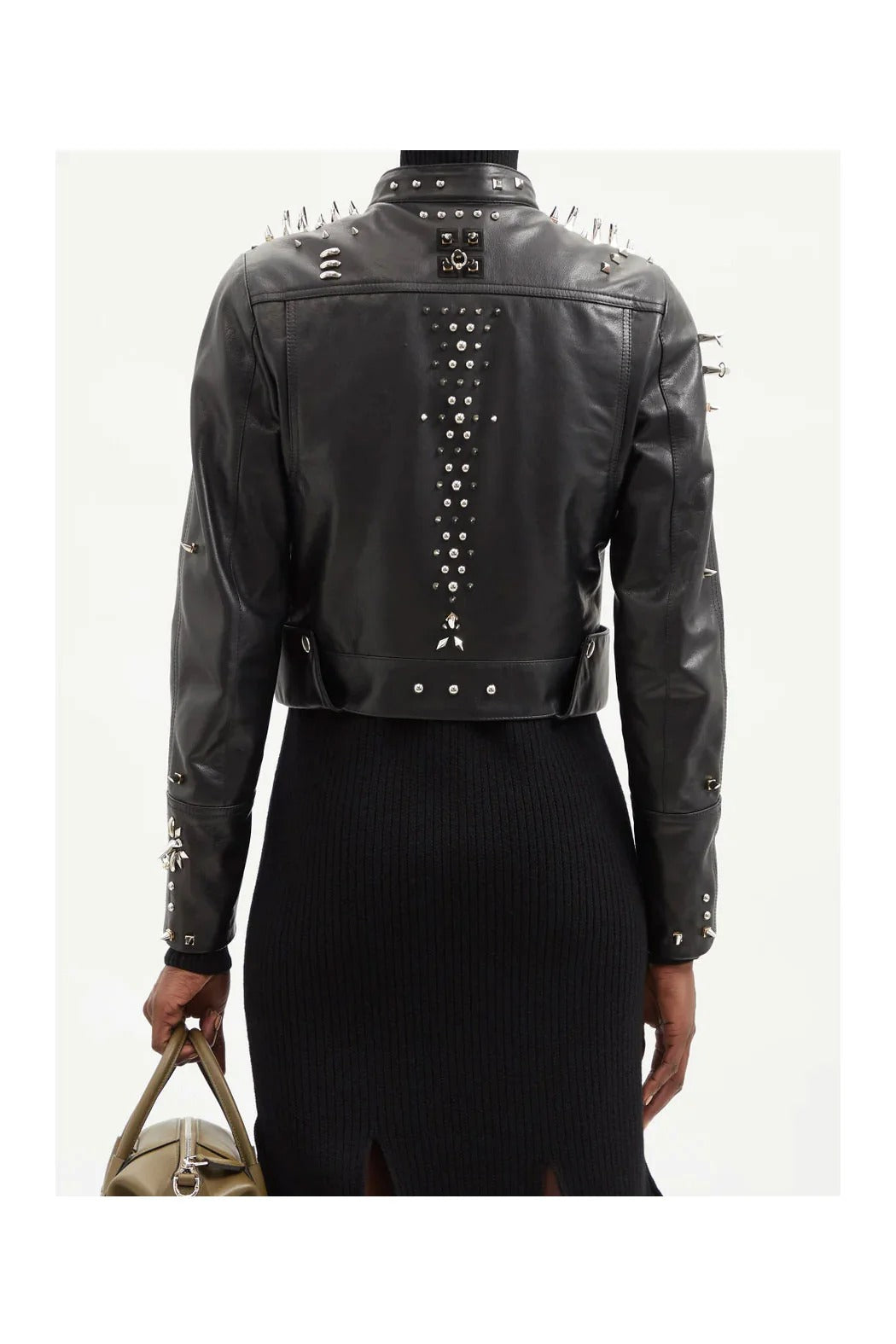 Edgy Elegance: Women's Silver Spiked Black Biker Jacket