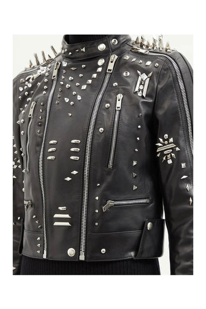 Trendy Women's Silver Long Spiked Studded Black Motorcycle Leather Biker Jacket