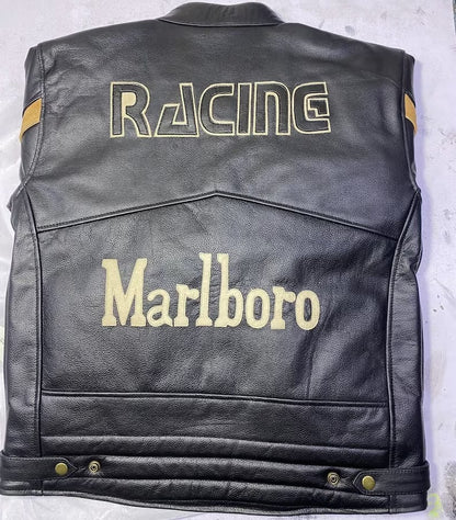 Vintage Black Marlboro Men's Genuine Cow Leather Motorcycle Jacket